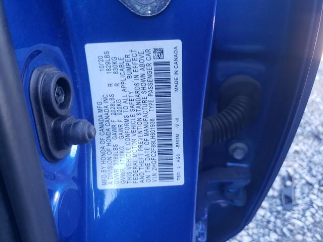 2HGFC2F89LH601936 - 2020 HONDA CIVIC SPORT BLUE photo 11