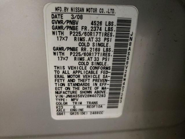 JN8AS58V28W407293 - 2008 NISSAN ROGUE S SILVER photo 13