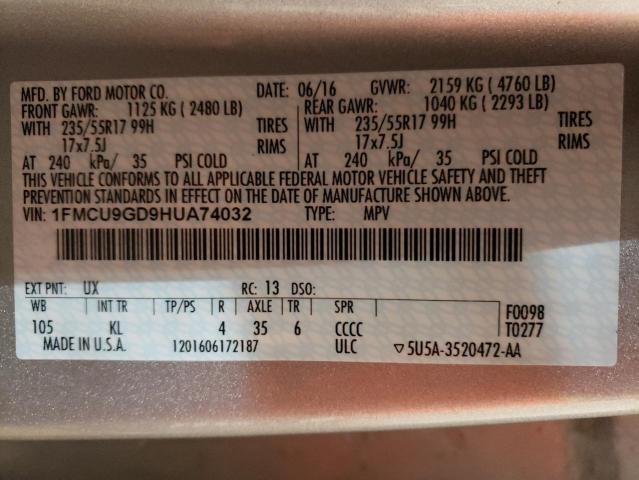 1FMCU9GD9HUA74032 - 2017 FORD ESCAPE SE SILVER photo 13