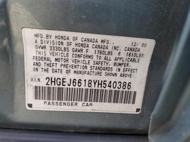 2HGEJ6618YH540386 - 2000 HONDA CIVIC BASE TEAL photo 12