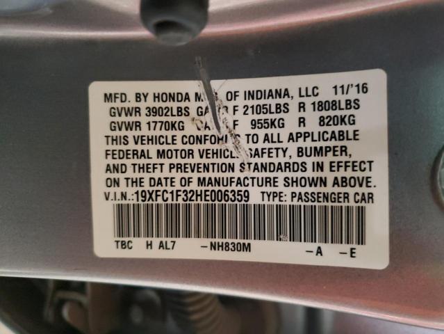 19XFC1F32HE006359 - 2017 HONDA CIVIC EX SILVER photo 12