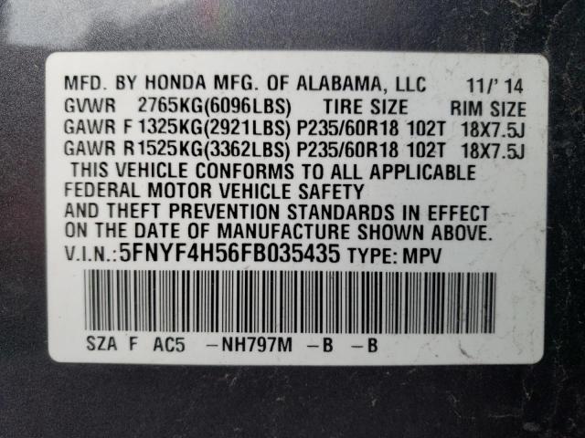 5FNYF4H56FB035435 - 2015 HONDA PILOT EXL GRAY photo 13