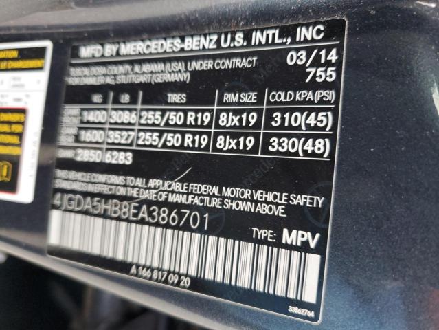 4JGDA5HB8EA386701 - 2014 MERCEDES-BENZ ML 350 4MATIC GRAY photo 12