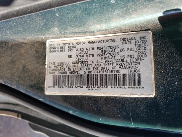 5TBRT34191S146780 - 2001 TOYOTA TUNDRA ACCESS CAB Կանաչ լուսանկար 12