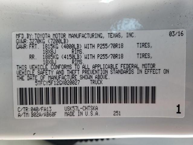 5TFCY5F12GX020027 - 2016 TOYOTA TUNDRA DOUBLE CAB SR/SR5 WHITE photo 12