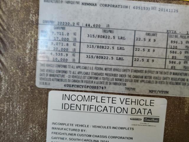 4UZFCHCY0FCGS5747 - 2015 FREIGHTLINER CHASSIS XC ორფეროვანი ფოტო 10