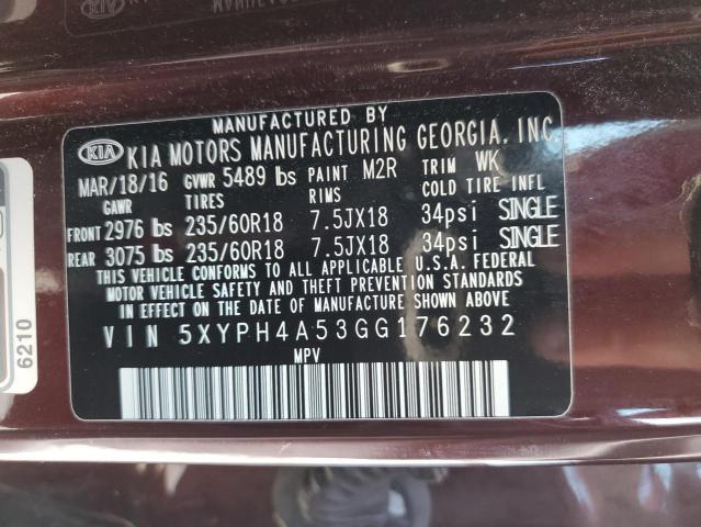 5XYPH4A53GG176232 - 2016 KIA SORENTO EX MAROON photo 13