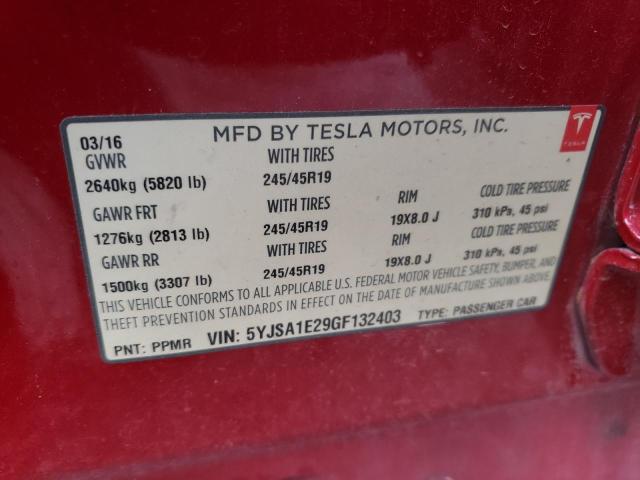 5YJSA1E29GF132403 - 2016 TESLA MODEL S 红色 照片 13