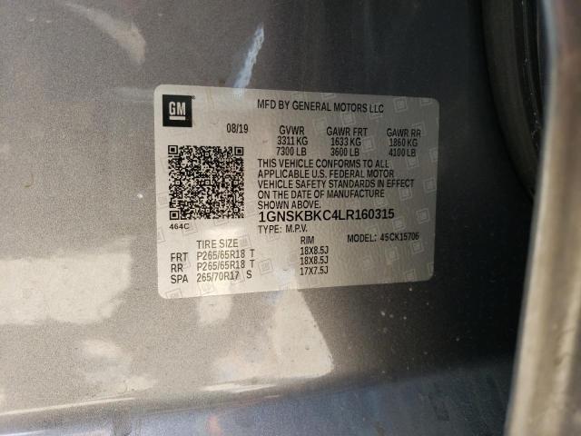 1GNSKBKC4LR160315 - 2020 CHEVROLET TAHOE K1500 LT GRAY photo 14