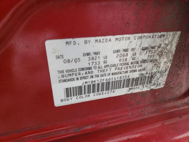 JM1BK12F661418351 - 2006 MAZDA 3 I RED photo 12