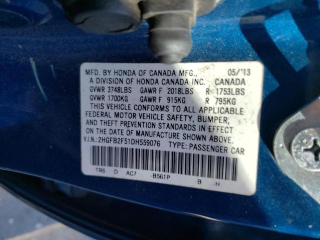 2HGFB2F51DH559076 - 2013 HONDA CIVIC LX BLUE photo 12