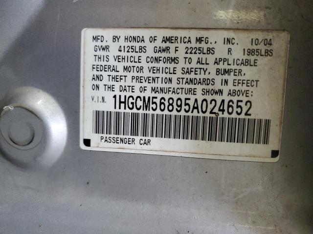 1HGCM56895A024652 - 2005 HONDA ACCORD EX SILVER photo 12