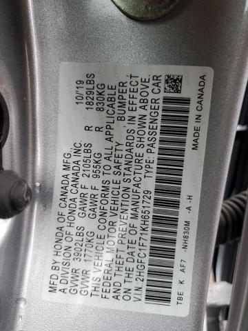 2HGFC1F71KH651729 - 2019 HONDA CIVIC EXL ვერცხლისფერი ფოტო 12