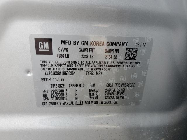 KL7CJKSB1JB605264 - 2018 CHEVROLET TRAX LS SILVER photo 13