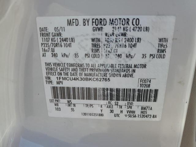 1FMCU4K30BKC62765 - 2011 FORD ESCAPE HYBRID WHITE photo 13