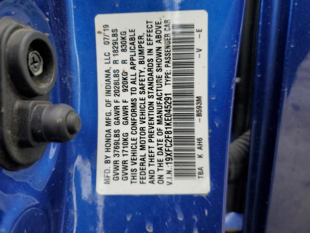 19XFC2F81KE045291 - 2019 HONDA CIVIC SPORT BLUE photo 12