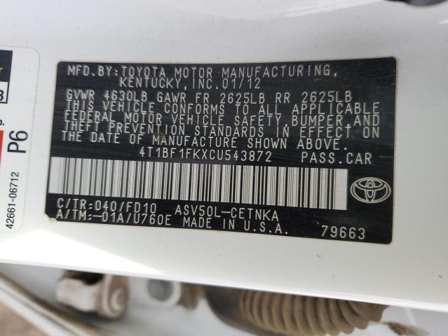 4T1BF1FKXCU543872 - 2012 TOYOTA CAMRY BASE WHITE photo 12