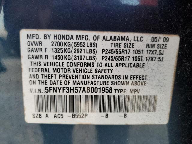 5FNYF3H57AB001958 - 2010 HONDA PILOT EXL BLUE photo 14