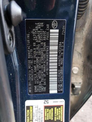 4T1B11HK3KU837642 - 2019 TOYOTA CAMRY L BLUE photo 12