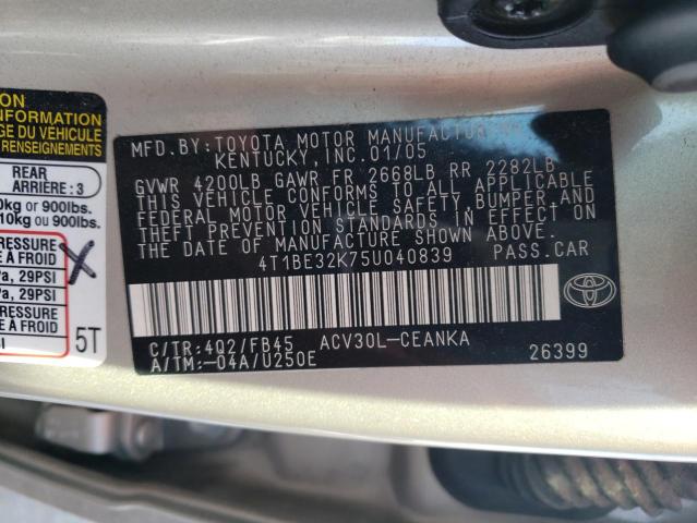 4T1BE32K75U040839 - 2005 TOYOTA CAMRY LE GOLD photo 12