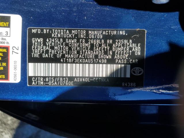 4T1BF3EK0AU517498 - 2010 TOYOTA CAMRY BASE BLUE photo 12