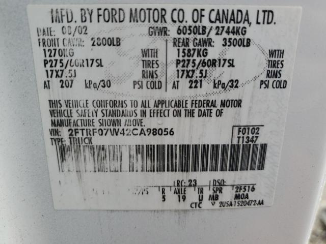 2FTRF07W42CA98056 - 2002 FORD F150 WHITE photo 12