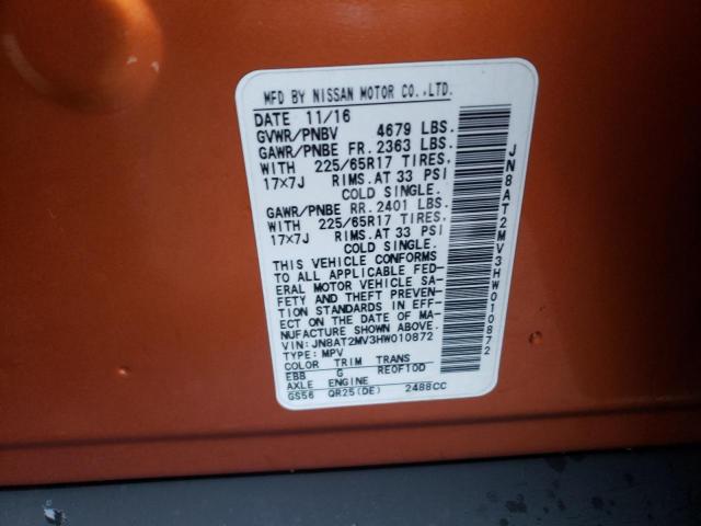 JN8AT2MV3HW010872 - 2017 NISSAN ROGUE S ORANGE photo 12