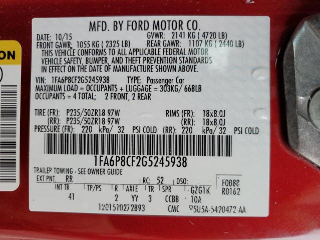 1FA6P8CF2G5245938 - 2016 FORD MUSTANG GT RED photo 12