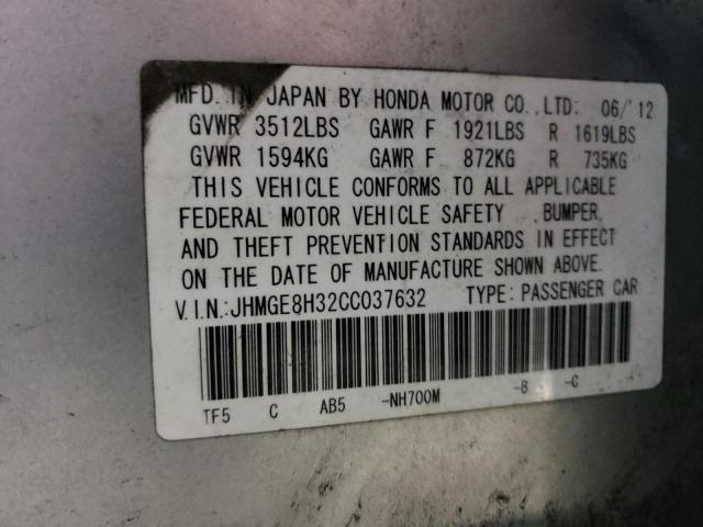 JHMGE8H32CC037632 - 2012 HONDA FIT GRAY photo 12