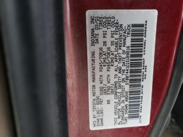 5TBBT44101S189816 - 2001 TOYOTA TUNDRA ACCESS CAB RED photo 12