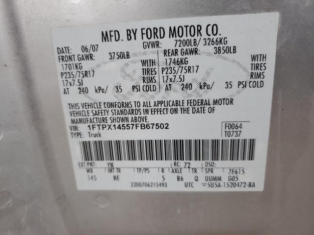 1FTPX14557FB67502 - 2007 FORD F150 SILVER photo 13