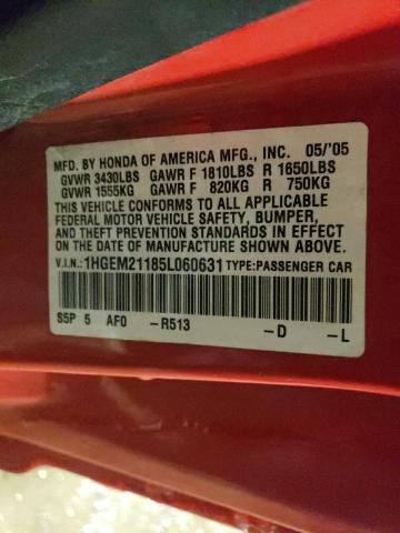 1HGEM21185L060631 - 2005 HONDA CIVIC DX VP Qırmızı foto 12