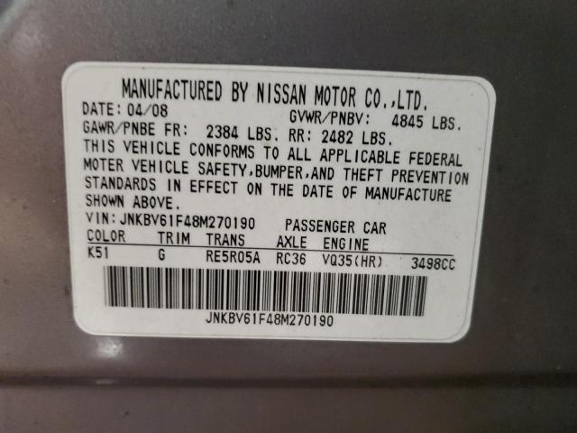 JNKBV61F48M270190 - 2008 INFINITI G35 SILVER photo 12