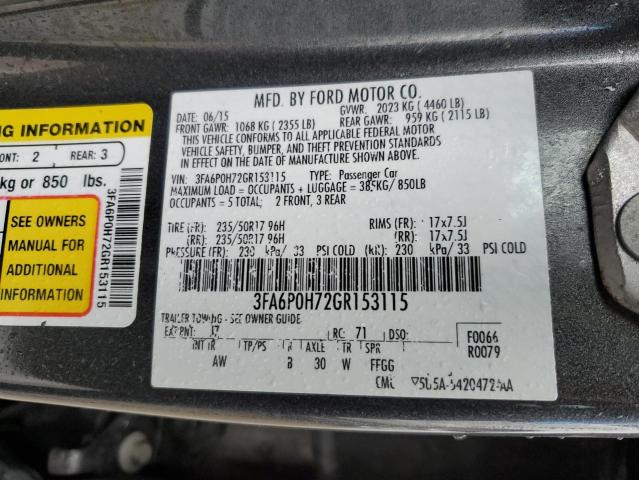 3FA6P0H72GR153115 - 2016 FORD FUSION SE GRAY photo 13