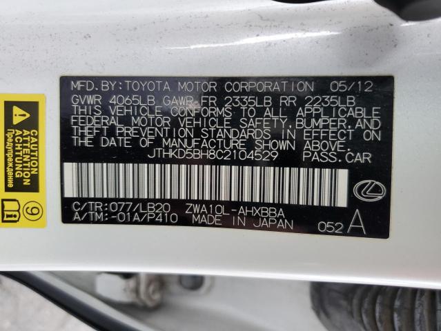 JTHKD5BH8C2104529 - 2012 LEXUS CT 200 WHITE photo 13