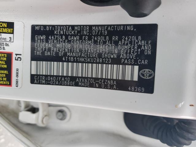 4T1B11HK5KU288123 - 2019 TOYOTA CAMRY L WHITE photo 12