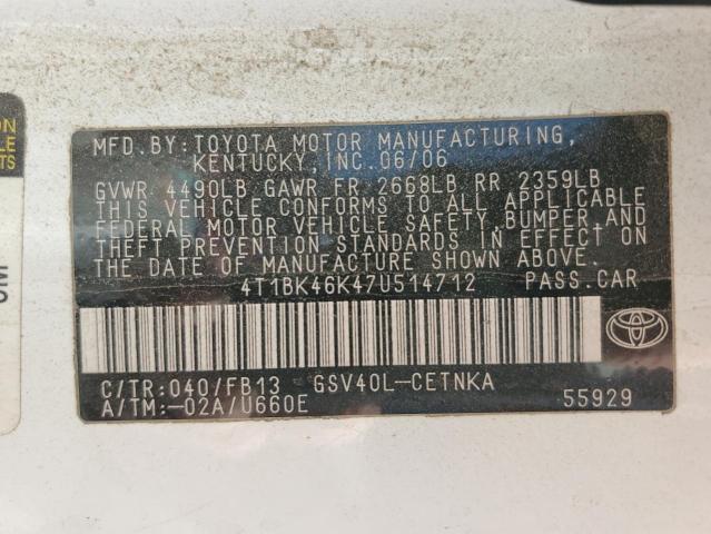 4T1BK46K47U514712 - 2007 TOYOTA CAMRY LE WHITE photo 12