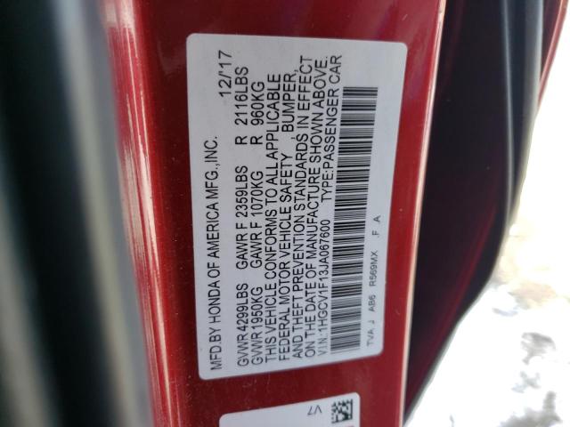 1HGCV1F13JA067600 - 2018 HONDA ACCORD LX RED photo 12