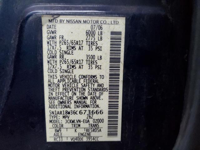 5N1AR18W36C673666 - 2006 NISSAN PATHFINDER LE ლურჯი ფოტო 12
