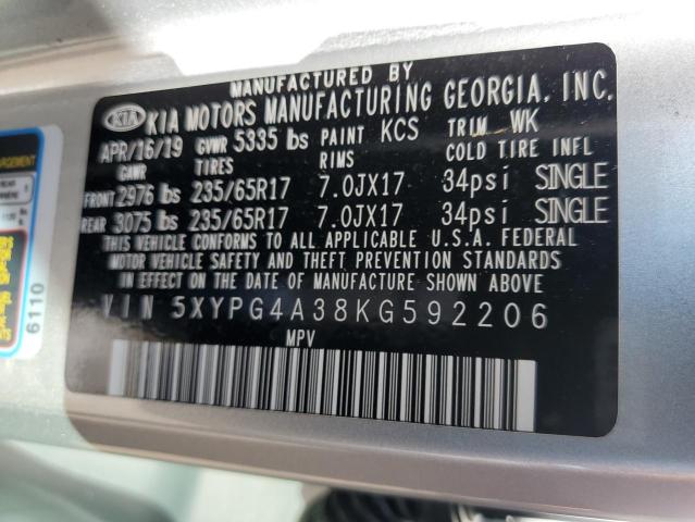 5XYPG4A38KG592206 - 2019 KIA SORENTO L GRAY photo 12