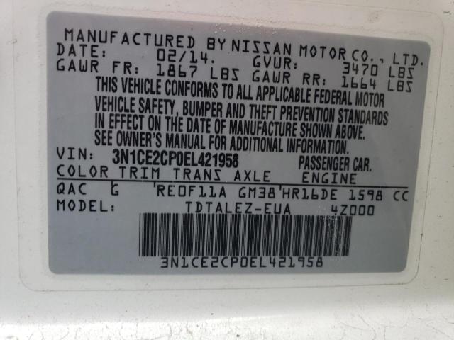 3N1CE2CP0EL421958 - 2014 NISSAN VERSA NOTE S WHITE photo 13