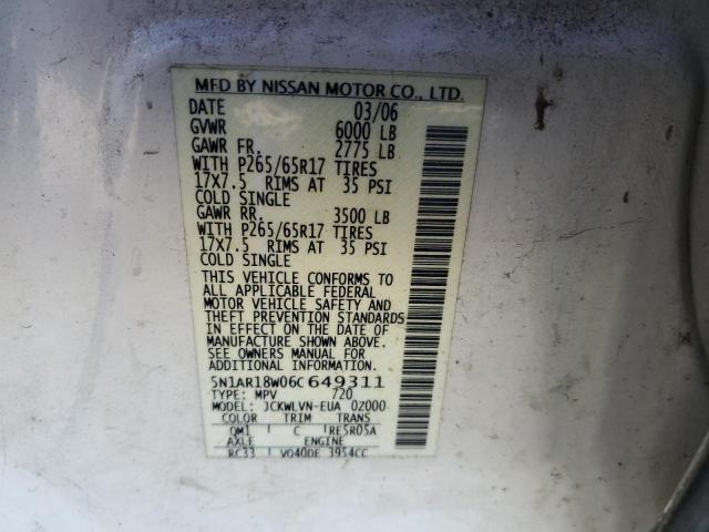 5N1AR18W06C649311 - 2006 NISSAN PATHFINDER LE თეთრი ფოტო 13