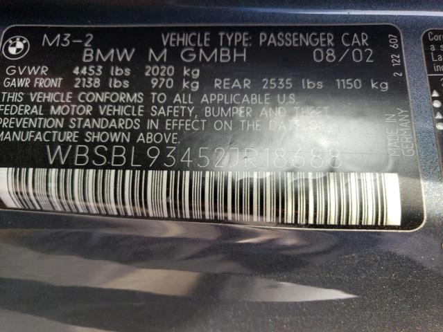 WBSBL93452JR18688 - 2002 BMW M3 GRAY photo 13