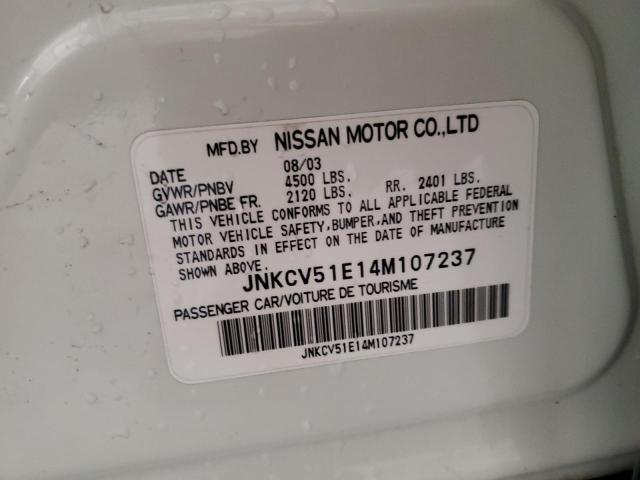 JNKCV51E14M107237 - 2004 INFINITI G35 WHITE photo 12