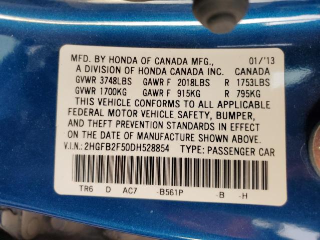 2HGFB2F50DH528854 - 2013 HONDA CIVIC LX BLUE photo 12