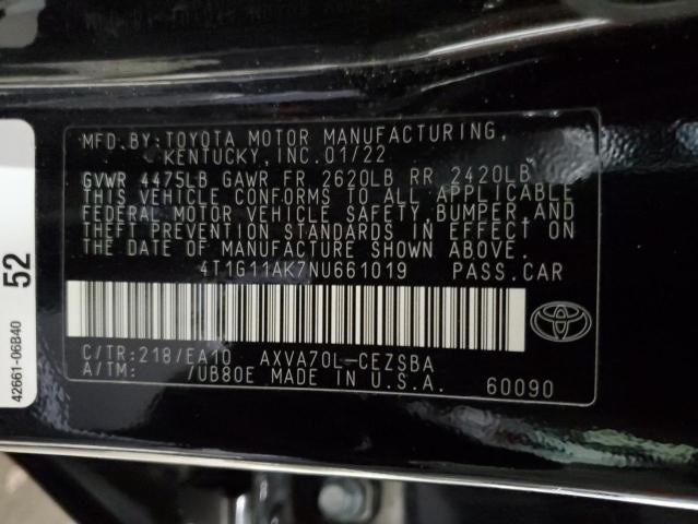 4T1G11AK7NU661019 - 2022 TOYOTA CAMRY SE BLACK photo 13