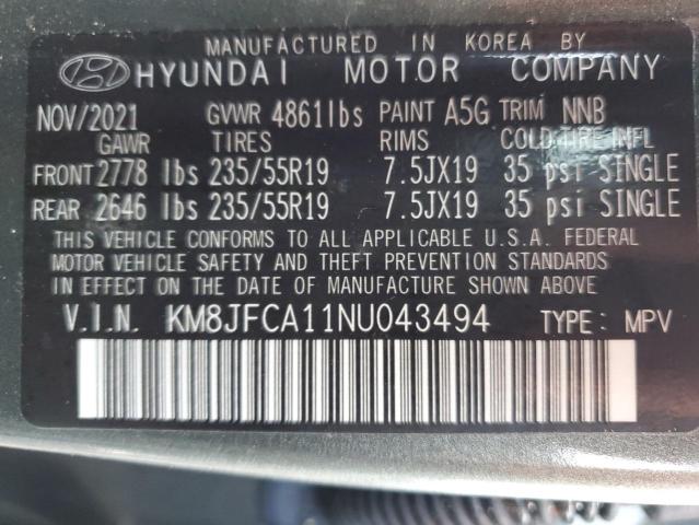 KM8JFCA11NU043494 - 2022 HYUNDAI TUCSON SEL CONVENIENCE GRAY photo 12