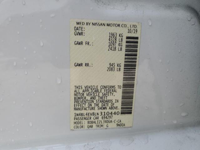 1N4BL4EV8LN310440 - 2020 NISSAN ALTIMA SL WHITE photo 12