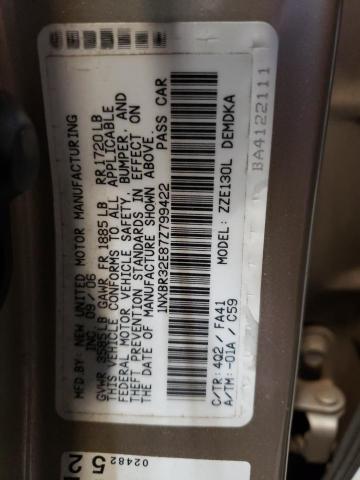 1NXBR32E87Z799422 - 2007 TOYOTA COROLLA CE TAN photo 12