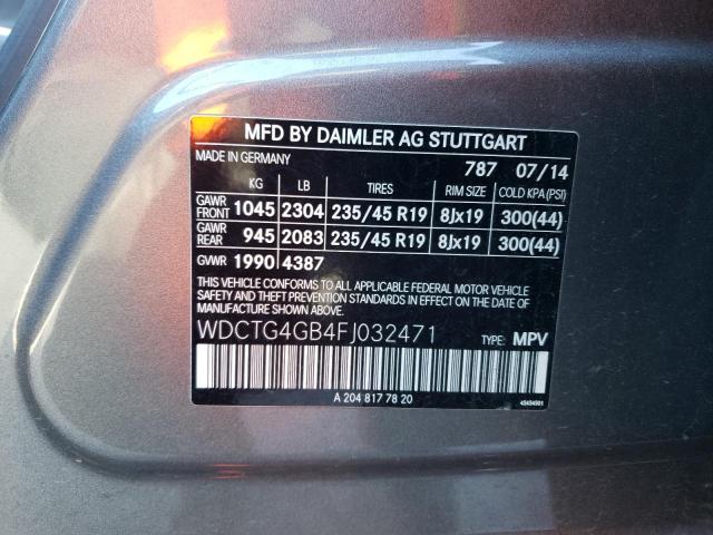 WDCTG4GB4FJ032471 - 2015 MERCEDES-BENZ GLA 250 4MATIC GRAY photo 12